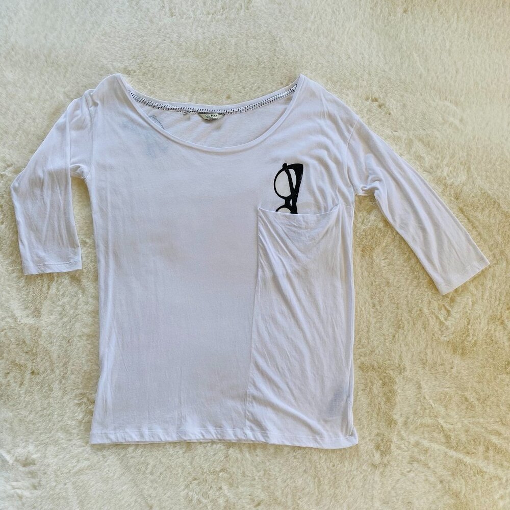 GUESS White Shirt with Vintage Eyeglasses Graphic, Size Small, Oversized